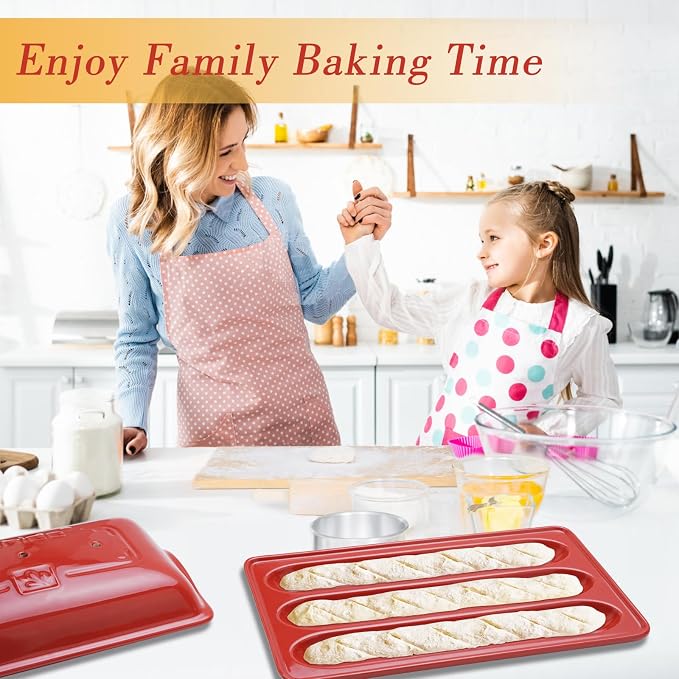 Techni Edge French Bread Baking Pan, Nonstick Baguette Bread Pan with Lid, 3 Slot Ceramic Baguette Mold, Heating Evenly, Crispy Crusts, Easy To Release for Sourdough Italian Loaf