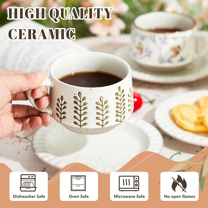 LemonRoad Vintage Tea Cup and Saucer Set of 2, 10oz Porcelain Coffee Mugs with Saucer for Latte Mocha Cappuccino Ceramic Teacups for Housewarming Wedding Gifts Kitchen Table Decor