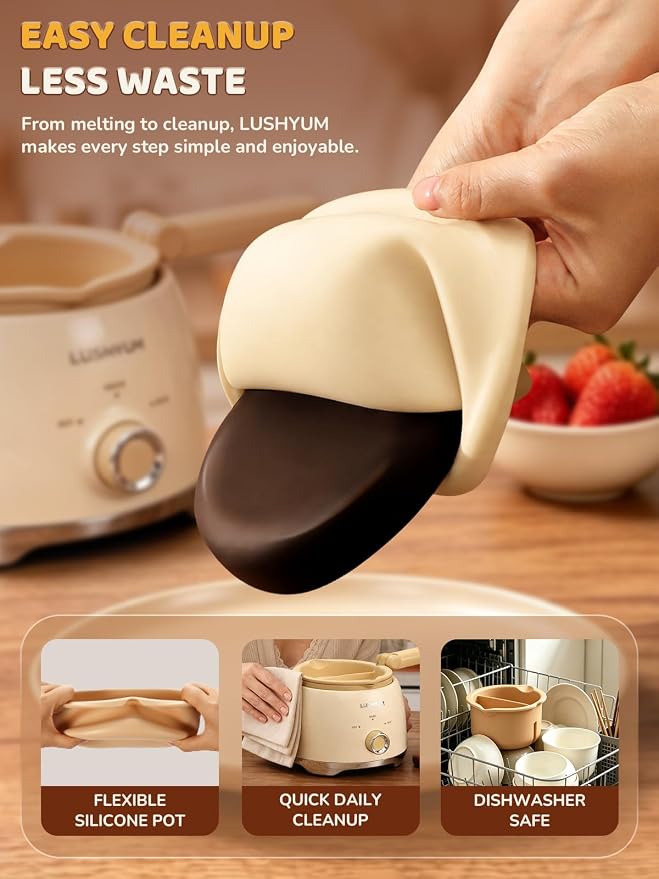 LUSHYUM Electric Chocolate Melting Pot with 2 Insert Pots, 4-Cup Chocolate | Even Heating & Fast Melting, BPA-Free Silicone, Easy Clean, Less Waste, Ideal for Chocolate & Candy Melts, Parties & Fondue