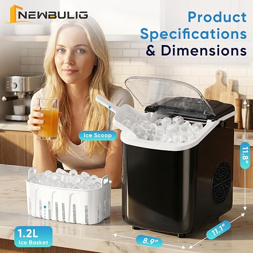 NEWBULIG Ice Maker, Countertop Ice Machine with Handle | 9 Bullet Cubes in 6-8 Mins, 26lbs Daily, Self-Cleaning with Basket and Scoop for Home/Kitchen/Camping/RV