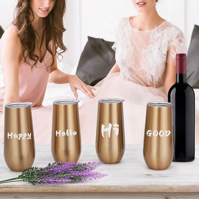 Lifecapido 2 Pack Stemless Champagne Tumblers, 12oz Insulated Champagne Flutes with Lid, Insulated Champagne Glass, Champagne Flute Tumbler, Great Gift for Birthday Party Wedding Christmas (Gold)…