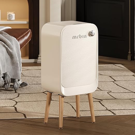 MRBIN Motion Sensor Bathroom Trash Can with Leg, Odor Control 5.5 Gal Tall Automatic Waste Basket for Bedroom, Ozone Purification Neutralizing, Touchless Butterfly Lid, Cream White
