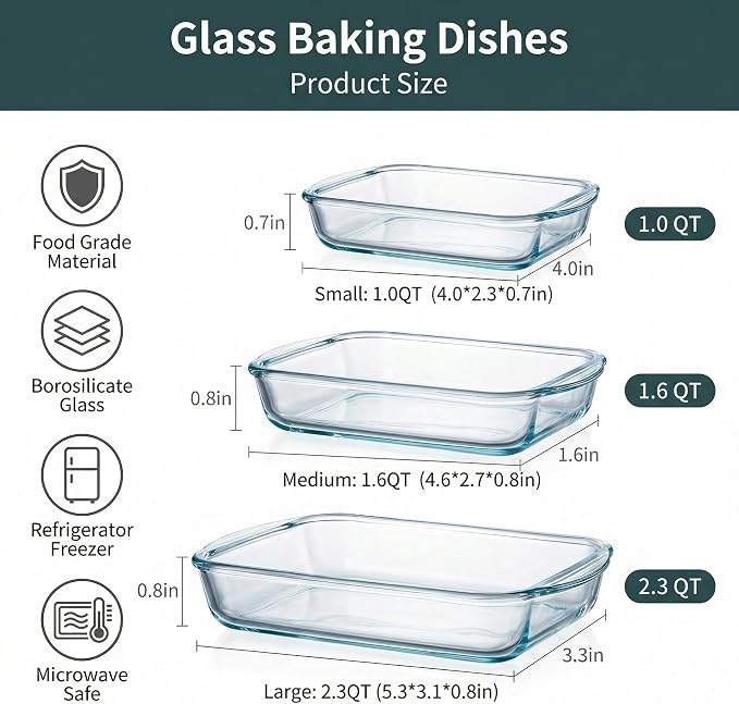 High Borosilicate Glass Baking Dishes for Oven, (2.3QT, 1.6QT, 1.0QT, 3 Pack) Rectangular Bakeware Sets, Deep Glass Casserole Dishes with Handle for Microwave, Baking, Meal Preparation