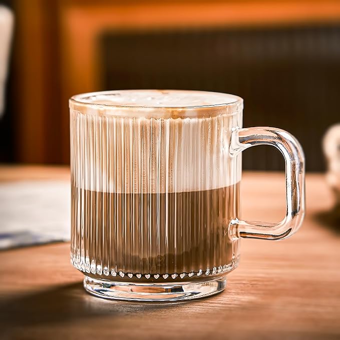 Glass Coffee Mugs 6 Pack - 12 OZ Premium Coffee Cups with Handles - Classic Vertical Stripes Transparent Tea Cup Set for Hot Cold Beverages