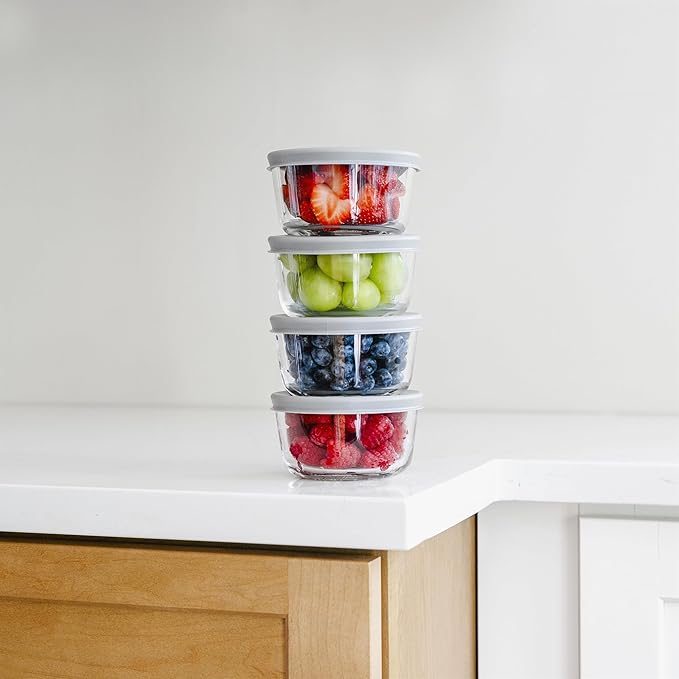 DURA LIVING Borosilicate Glass Food Containers - 8 Piece Set (1 cup) - Premium Storage Solution Microwave & Dishwasher Safe, BPA-Free Lids, Grey