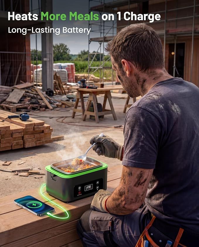TaskStar Heated Lunch Box, 100W Cordless Electric LunchBox with Scheduled Heating and Leakproof 1.2L Battery Operated Food Warmer for Car Travel Jobsite, Portable for Truck Drivers Workers Adults