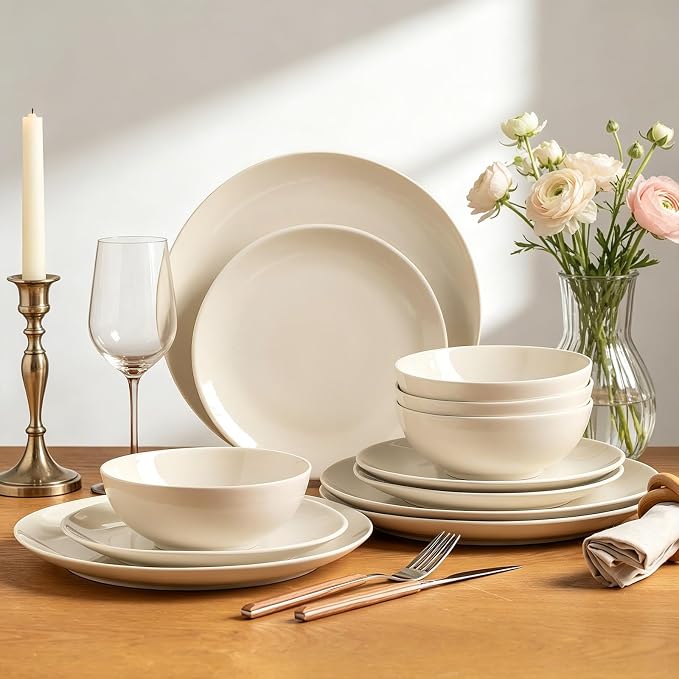 Ceramic Dinnerware Sets for 4,12 Pieces Plates and Bowls Sets, Plates Pasta Bowls Soup Bowls, Modern Stoneware Dishes, Reaction Glaze (White)