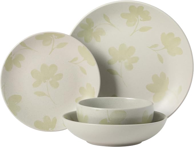 Gibson Home Admiral Hall Plates and Bowls Set, 16-Piece Floral Dinnerware Set, Green Stoneware Dish Set, Dinner Plates, Salad Plates, Pasta Bowls & Cereal Bowls