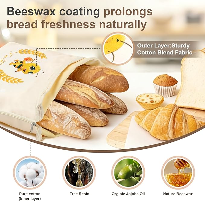 Beeswax Bread Bags, XL Reusable Linen Cotton Sourdough Bread Bag with Sealing Zip for Homemade Bread to Keep Fresh, 2 Pack