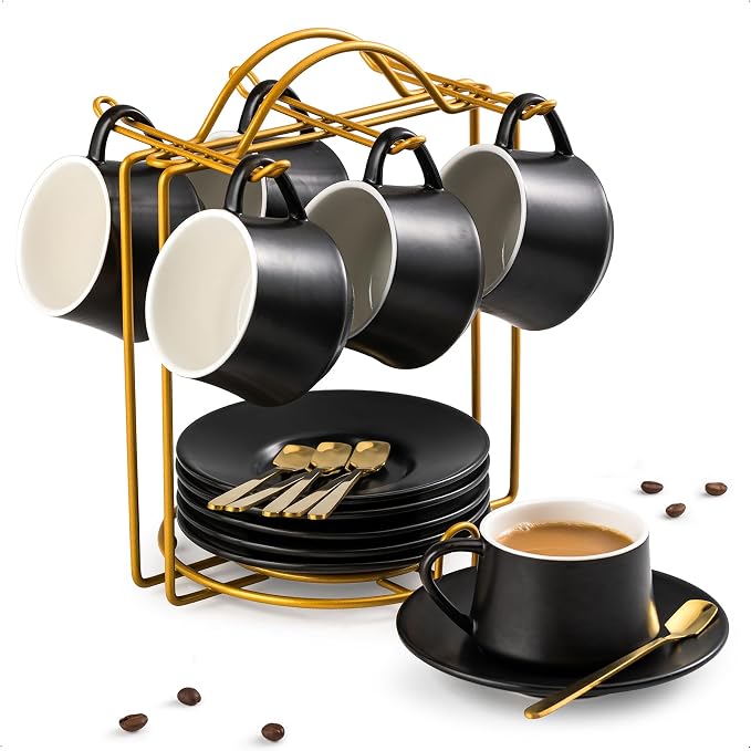YHOSSEUN Ceramic Espresso Cups Set of 6, 4 OZ Expresso Shots Cup with Stand, Saucers & Spoons, Small Coffee Cup Demitasse Cups for Father's Day, Espresso Accessories for Machine, Black