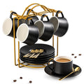 YHOSSEUN Ceramic Espresso Cups Set of 6, 4 OZ Expresso Shots Cup with Stand, Saucers & Spoons, Small Coffee Cup Demitasse Cups for Father's Day, Espresso Accessories for Machine, Black