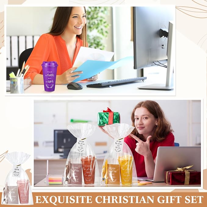 Willinglong 24 Sets Christian Gifts for Women Men 16 oz Reusable Bible Verse Cups with Lids Mini Spiral Notebooks Pens Keychain Card Religious Gift for Coworker Staff Team Church Sunday School