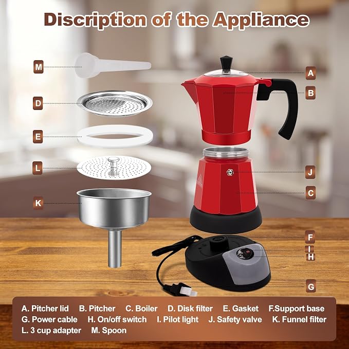 Electric Aluminum Moka Pot 3-6 Cup 150-270ml Espresso Maker with Detachable Base Ideal Coffee Makers for Home MochaPot Italian and Cuban Café Coffeemaker Espressomaker CoffeePot Red