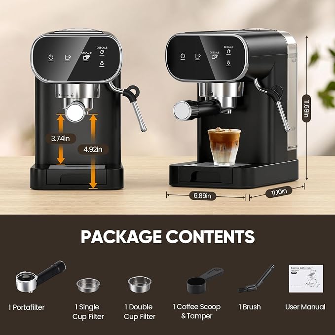 Horavie 20 Bar Espresso Machine with Milk Frother, Espresso Coffee Maker with Touchscreen, Fast Heat-Up Coffee Machine with 48oz Removable Tank for Cappuccino, Latte, Home, Office, Black