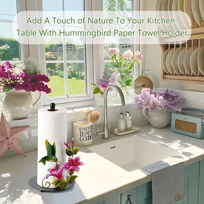 Flower & Hummingbird Decor Paper Towel Roll Holder Countertop - Farmhouse Kitchen Decor and Accessories, Hummingbird Housewarming Gifts for Women Mom Grandma, 3D Handmade Pattern, Weighted Base