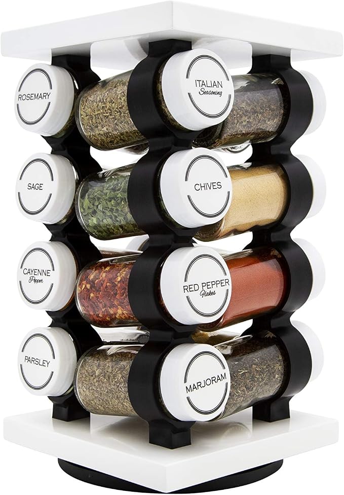 Orii 16 Jar Rotating White Spice Rack | Spices Included, 5-Year Spice Refill Program, Compact Countertop, Glass Jars