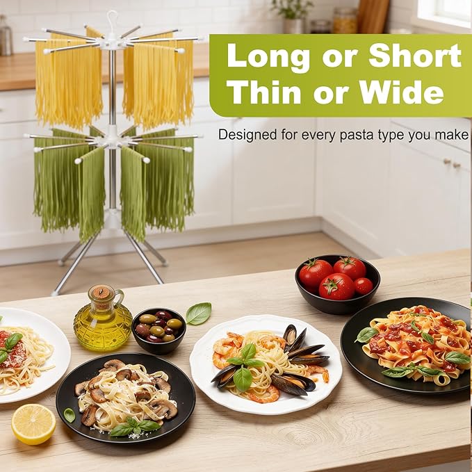 Pasta Drying Rack, 20-Rod Double Layer Large Capacity Pasta Dryer, 304 Stainless Steel 360° Rotating Foldable Noodle Stand for Homemade Spaghetti, Fettuccine, Family Pasta Night