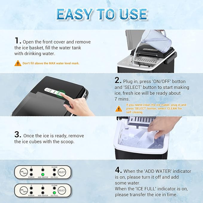 Portable Ice Maker, Elechomes Countertop Ice Maker Machine with Handle, 27lbs Ice Per Day, Compact Ice Machine with Self-Cleaning Function, Perfect for Home, Kitchen and Office