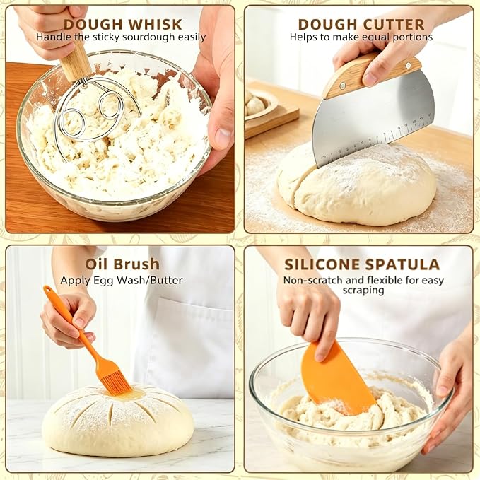 Sourdough Tools Kit, Sourdough Bread Baking Supplies, 9" Round Banneton Bread Proofing Basket, Starter Jar, Ideal Gifts for Bakers Women Mom Wife