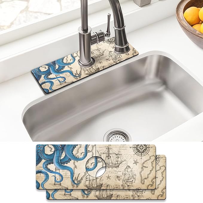 Sink Faucet Absorbing Mat, 2 Pack Drying Mat Around Faucet Sink Splash Guard Behind Faucet Sinkmat For Kitchen Bathroom Island Rv 15 * 5.5 Inch (38 * 14 cm)