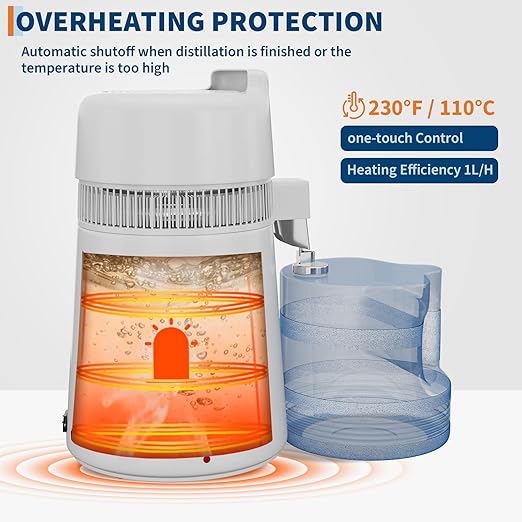 Countertop Water Distiller, 1 Gallon / 4L 750/900W Pure Water Maker with Auto Shut-Off, 304 Stainless Steel & Glass/Plastic, for Home Drinking, Cooking, Appliances – Removes Impurities & Solids