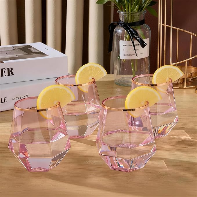 Goodluck 40 PCS Diamond Stemless Plastic Pink Wine Whiskey Glasses, 12 Oz Disposable Cocktail Glasses, Suitable for Weddings, Birthday Parties, Family Gatherings, Bars, etc (Rose Gold rimmed cups)