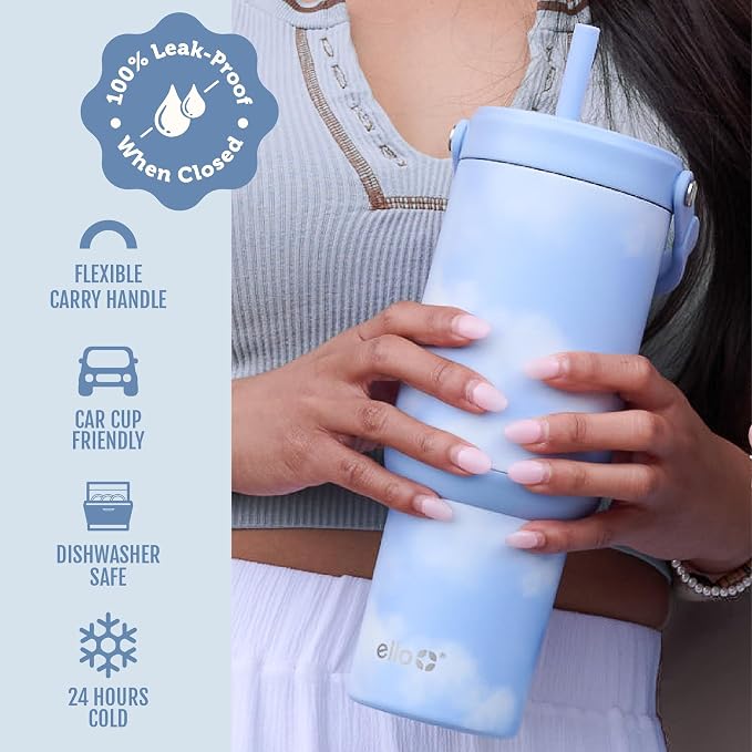Ello Oasis Go+ 32oz Tumbler with Top Handle and Retracting Straw | Reusable Insulated Stainless Steel Cup, 100% Leakproof Water Bottle, 24 Hours Cold, Cup Holder Friendly For Travel | In The Clouds