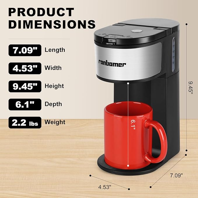 Ranbomer K Cup Coffee Maker, Single Serve coffee machine or Ground Coffee Machine 2 in 1, 6 to 14 Oz Brew Sizes, Mini One Cup Coffee Maker with Self cleaning Function.