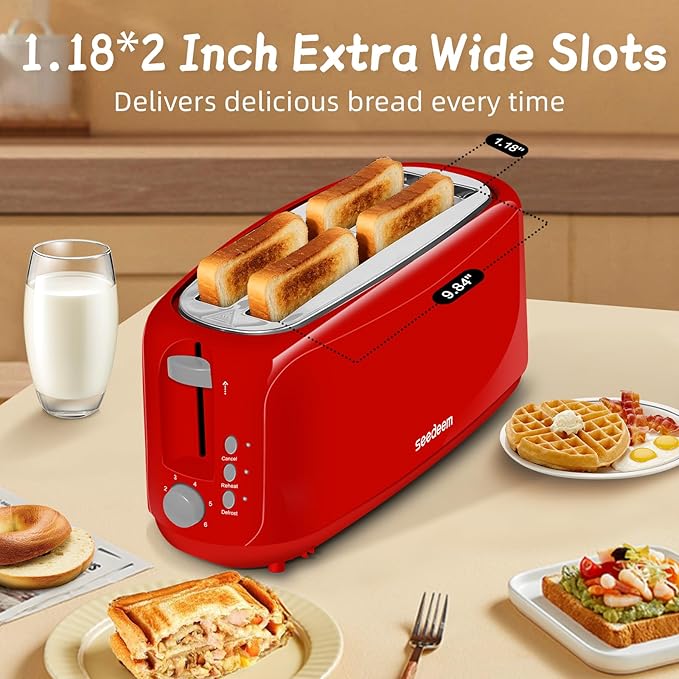 SEEDEEM 4 Slice Toaster, Extra Wide Slots Bread Toaster with 6 Shade Settings, Bagel/Cancel/Defrost/Reheat Functions, Removable Crumb Tray, Auto Shut-Off, Red