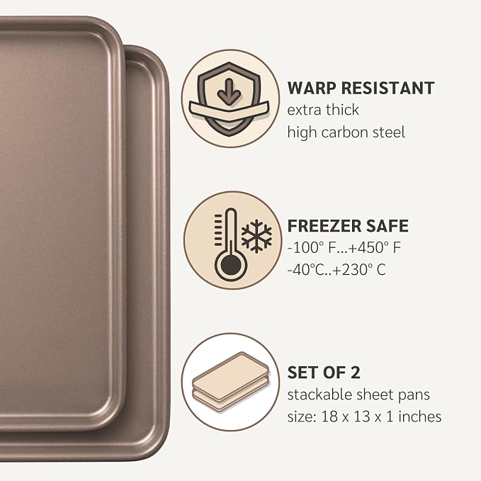 HAPPIELS Nonstick Baking Sheet Set of 2 | PFOA & BPA Free Non Toxic Carbon Steel Cookie Sheets | Best Non Stick Oven Cooking Pans & Half Sheet Pan | Best Nontoxic Baking Trays 18 Inch | PFOA & BPA Free Non Toxic 18x13 inches Large Baking Trays
