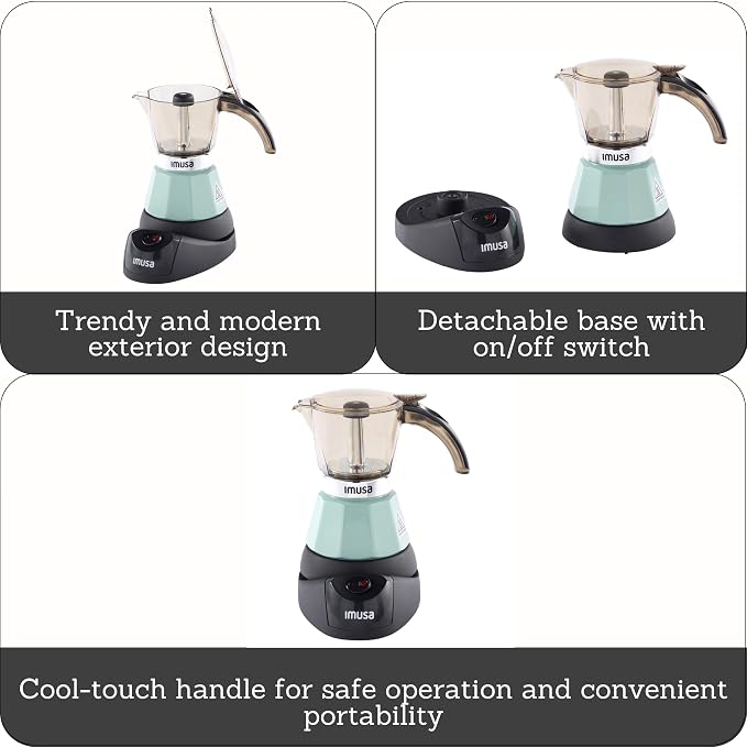 IMUSA 3 or 2 Cup Electric Mint Espresso Maker, Compact Moka Coffee Machine with Keep Warm Function, Detachable Base, Cuban & Italian Coffee Brewer, Mint & Black