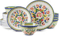 18-Piece Ceramic Dinnerware Set, Service for 6, Bohemian Floral Dish Set, Includes Plates and Bowls Sets, Microwave & Oven & Dishwasher Safe, Vintage Dish Set