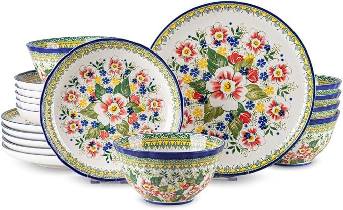 18-Piece Ceramic Dinnerware Set, Service for 6, Bohemian Floral Dish Set, Includes Plates and Bowls Sets, Microwave & Oven & Dishwasher Safe, Vintage Dish Set