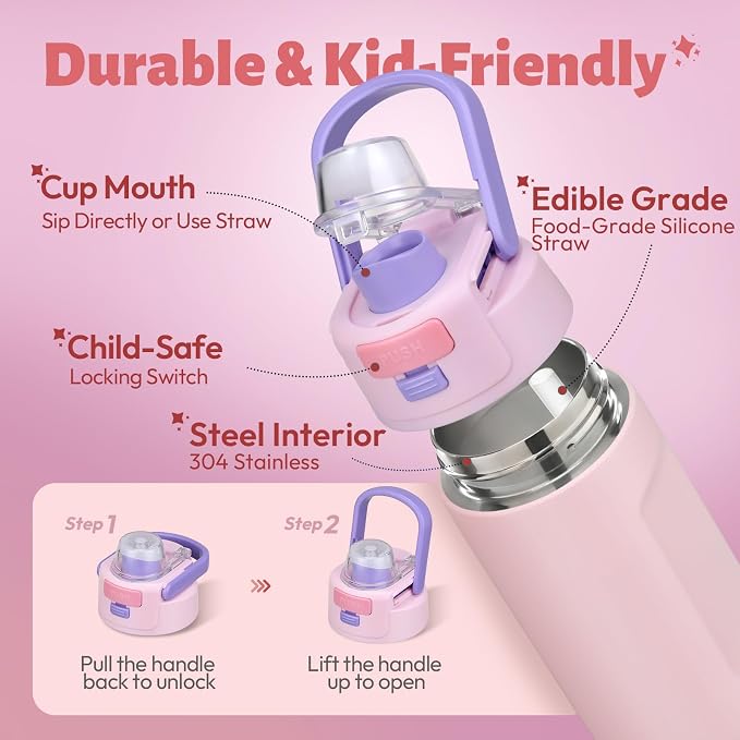 Itslife Bento Box for Kids Set, Insulated Food Container,Kids Lunch Box, 7 oz Thermos for Hot Food, 12 oz Thermos Water Bottle, Reusable Insulated Ice Bag & Fork Spoon Utensils Camping Travel Pink