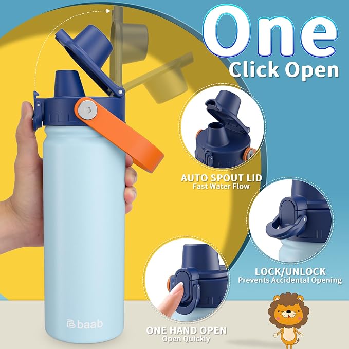 baab 20oz Kids Water Bottle, Insulated Kids Water Bottle with Lockable Spout Lid & Stickers, 18/8 Stainless Steel Vacuum Leakproof Kid Water Cup for Boy Girl & School (Navy Blue+Grey, 2 Pack)