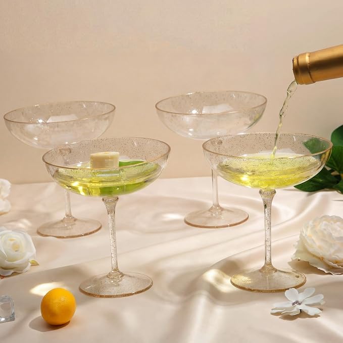 LemonRoad 12 Pcs Detachable Martini Glasses 9oz Disposable Plastic Coupe Cocktail Dessert Glassware Set for Champagne Wine Wedding Birthday Holiday Party Supplies (Transparent Gold Powder)