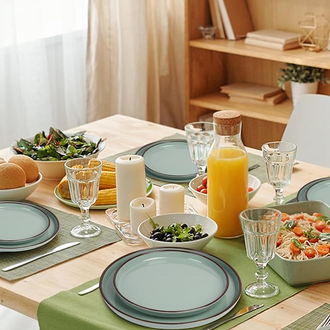 Melamine Dinnerware Set 12 Piece for 4, Green Spray Dots Unbreakable Plates and Bowls with Dark Brown Rim, Lightweight Durable Dishware for Camping Picnic Party