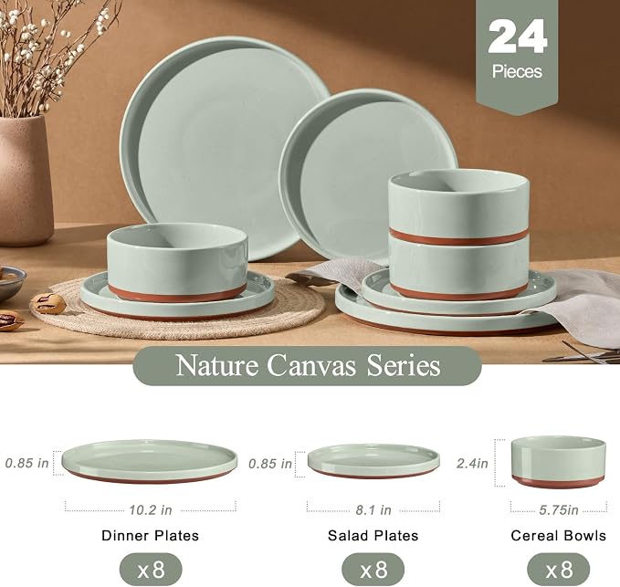 LIANYU Stoneware Dinnerware Sets Service for 8, 24 PCS Plates and Bowls Sets, Handmade Ceramic Dish Set, Highly Chip and Crack Resistant Modern Plate Set, Laurel Green