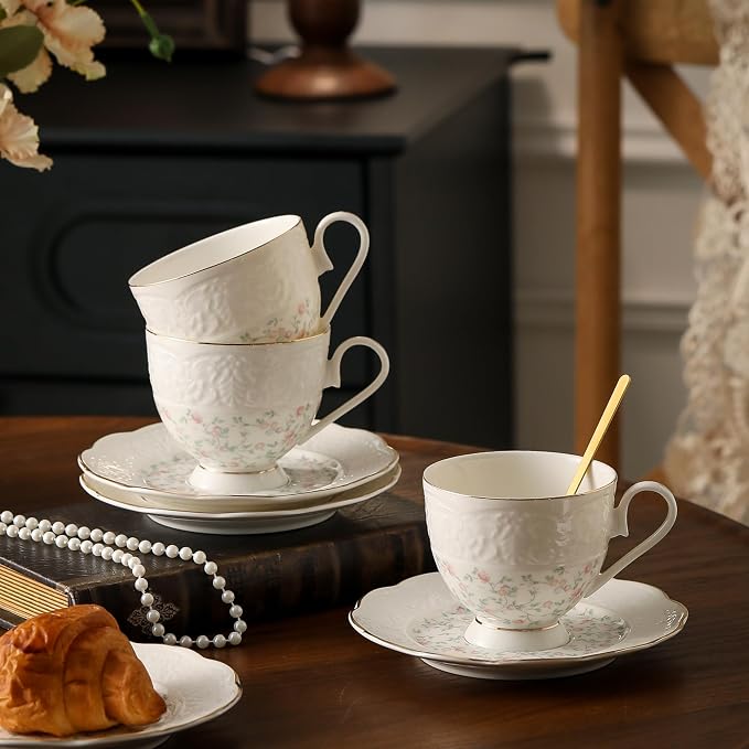 TATSUMI Interglio Embossed Bone China Tea Cup and Saucer Set, 3 Pieces Vintage Style Coffee Cup & Saucer Set For Women Wedding Gift (Starlight Pink, 1 set)