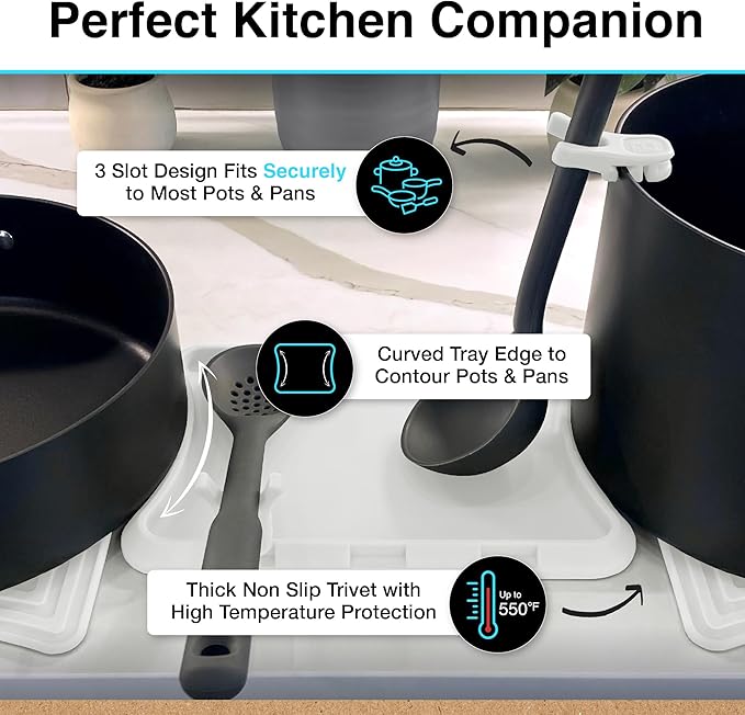 Nottadrip Silicone Spoon Rest for Stove Top - Kitchen Spoon Rest for Countertop, Ladle Holder, All in 1 Serving Station, Elevate Handles, Drip to Tray, Mess Free - 5PC Trivet Set - White