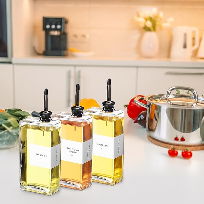 Reallnaive 10 Sets Olive Oil Dispenser Bottles for Kitchen with Nozzles Funnel Labels Cooking Oil Dispenser 500ml Set for Kitchen Vinegar Coffee Syrup (Black)