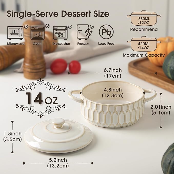 Mini Cocotte Set of 4, 14 oz Ceramic Mini Cocotte with Lids, Small Ceramic Casserole Dishes for Oven, Individual Baking Dish for Mini Sourdough, Soup, Soufflé & Pot Pie, Oven Safe
