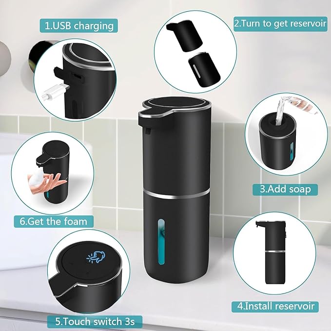 2Pack Automatic Soap Dispenser Touchless Foaming Soap Dispenser USB Rechargeable Dispenser Electric Wall Mounted Dispenser Pump for Bathroom Kitchen Dish Soap(Black)