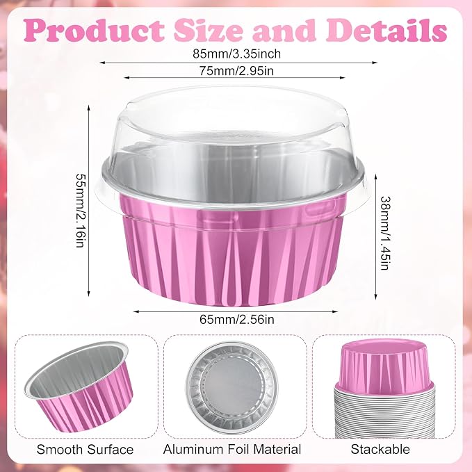 Gejoy 400 Pcs Aluminum Foil Baking Cups with Lids 5 oz Disposable Ramekins Mini Cake Pans Creme Brulee Cupcake Liners Muffin Dessert Container for Wedding Birthday Party (Classic,Dark Pink)