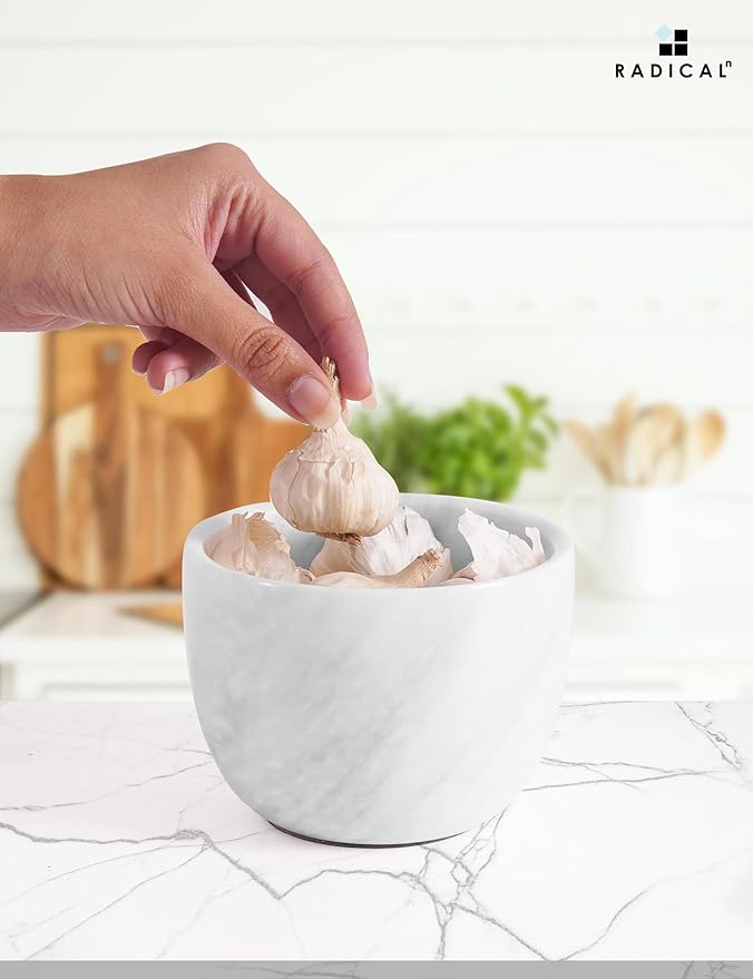 Radicaln Marble Garlic Keeper With Lid 4.5 Inch White Handmade Garlic Storage and Garlics Container For Kitchen, Keep Fresh Garlic Cloves, Ideal Garlic Keeper for Counter
