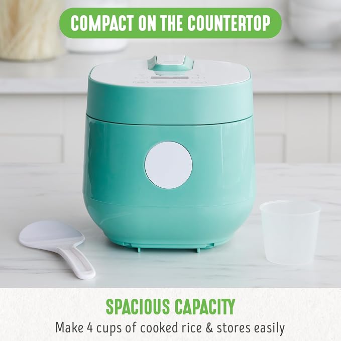 GreenLife Digital Rice Cooker, 2-Cups Uncooked/4-Cups Cooked, Removable Nonstick Ceramic PFAS-Free Pot, One-Touch Presets, Oats, Quinoa, Brown Rice, Auto Keep Warm, Fuzzy Logic Tech, 1.5 QT, Turquoise