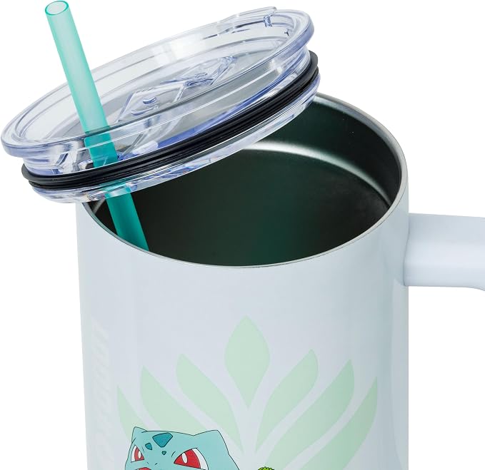 Silver Buffalo Pokémon Featuring Bulbasaur Double Walled Stainless Steel Tumbler with Handle and Straw, Fits in Standard Cup Holder, 40 Ounces