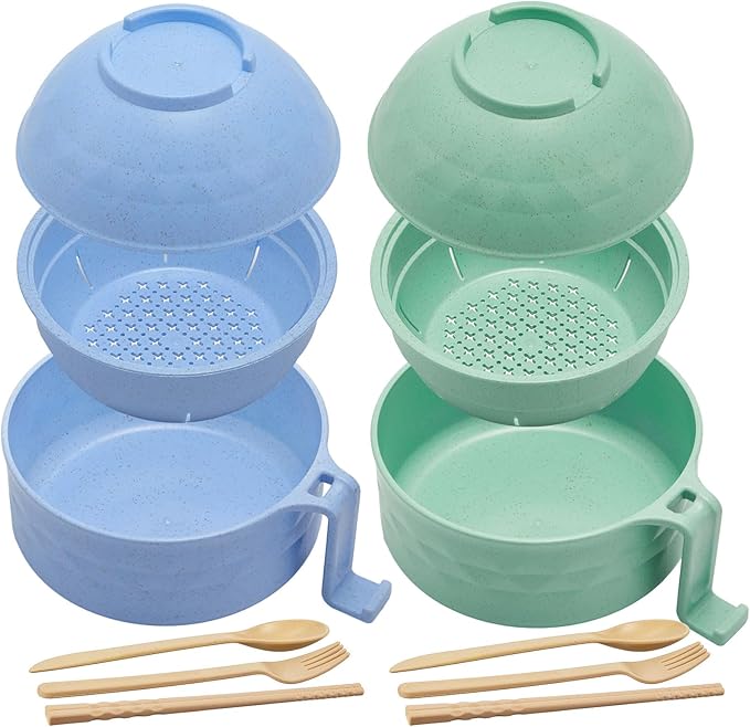 2 Sets Microwave Ramen Bowl 40 oz Wheat Fiber Portable Instant Noodle Cooker Bowl with Handles Strainer Spoon Chopstick Fork College Dorm Room Apartment Essentials(Green,Blue)