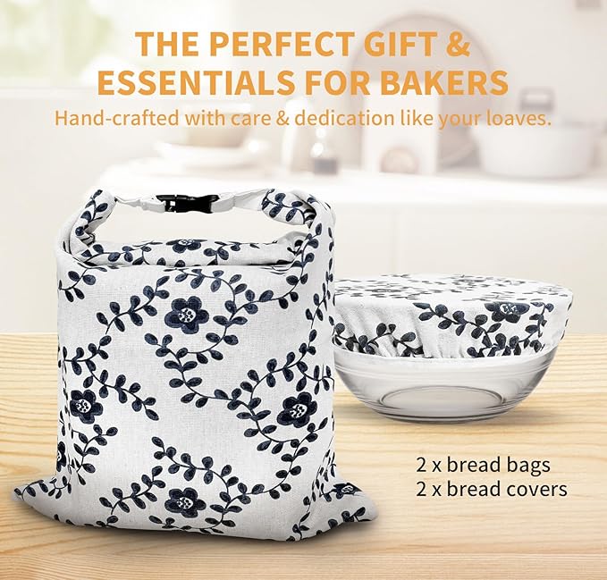 2 Pack Reusable Beeswax Bread Bags for Sourdough: Natural Cotton Storage Bag with 2 Pack Bowl Covers for Bread Proofing, Easy to Clean Freezer Food Bags, Keep Your Loaf Fresh for Days, XL 17x13 Inch