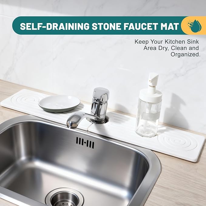 Hopegiver Stone Faucet Mat for Kitchen Sink - Fast Drying Diatomite Sink Protector Prevent Moisture, Super Water Absorbing Stone Tray for Kitchen & Bathroom Counter (White, 23.6"x5.1")
